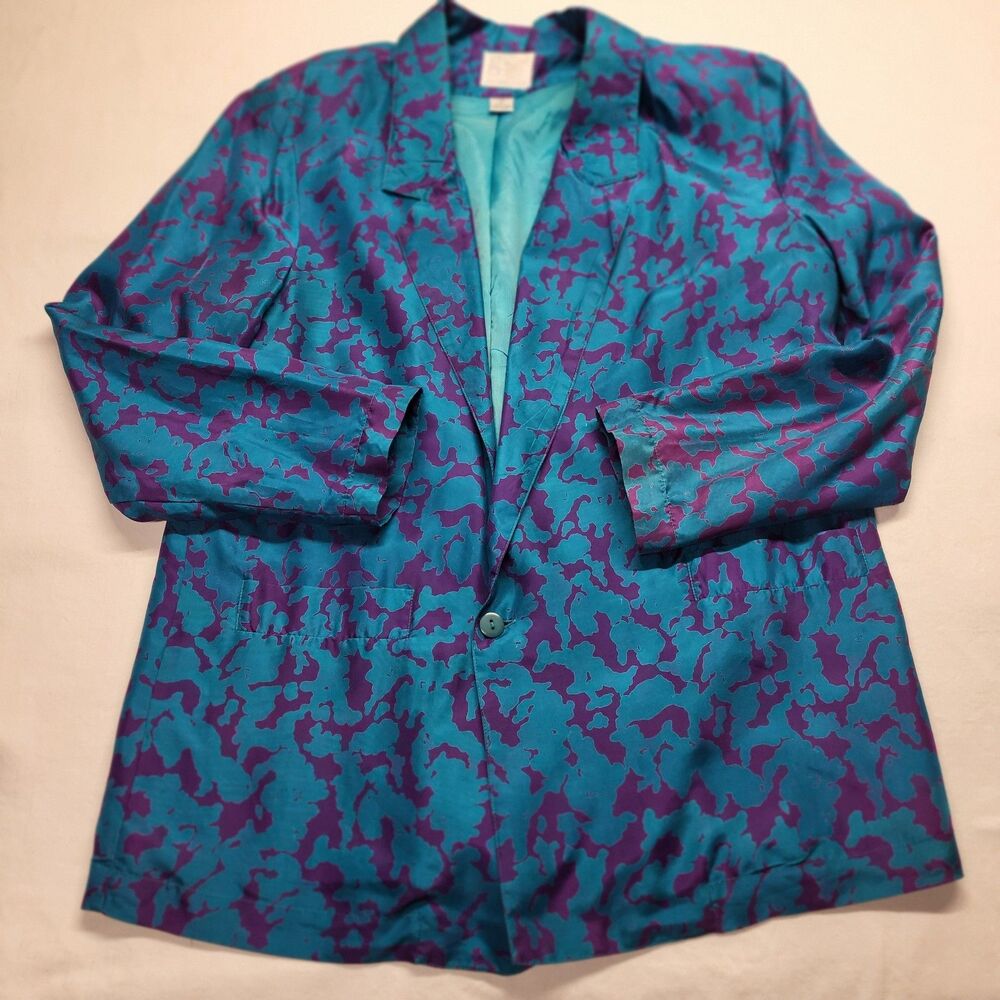 Vintage GWC 80's 100% Silk Blazer Jacket Boxy Fit Pockets Teal LG Lightweight